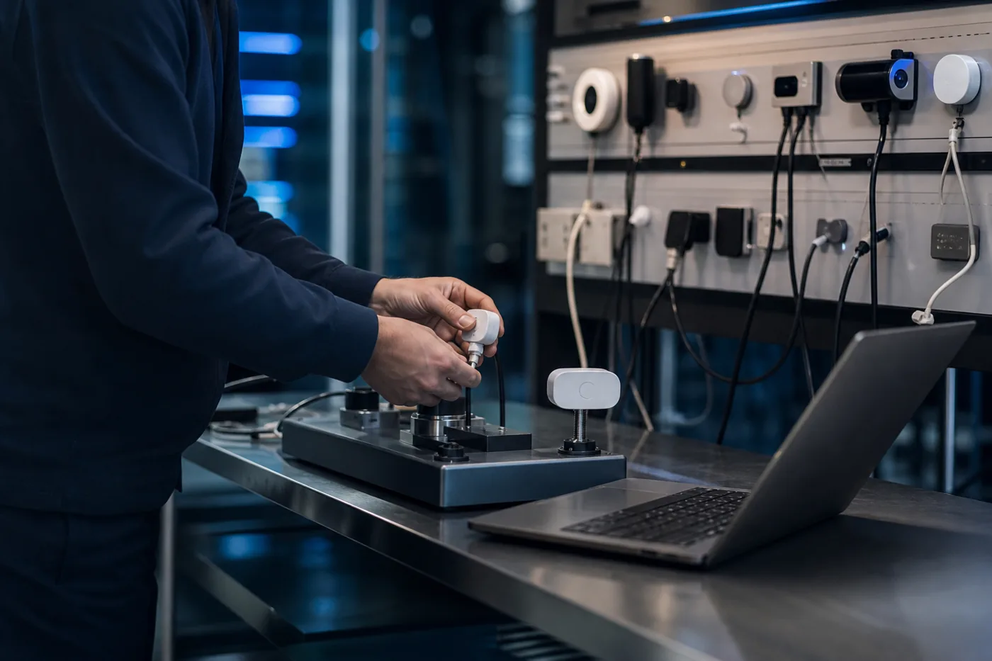 Инженер тества IoT устройство на лабораторна стойка