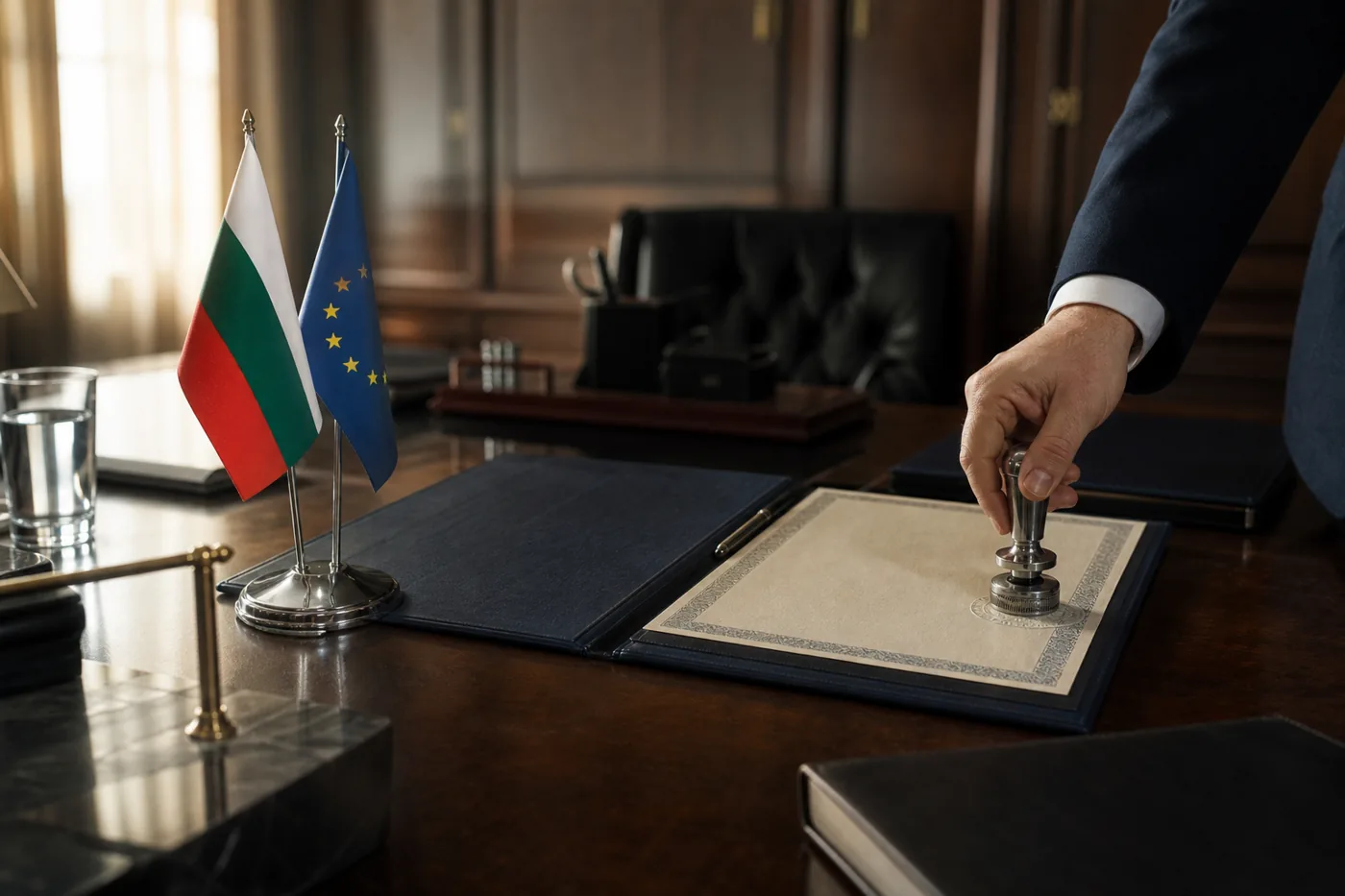 Сертификат в кожена папка на официално бюро с български и европейски флаг