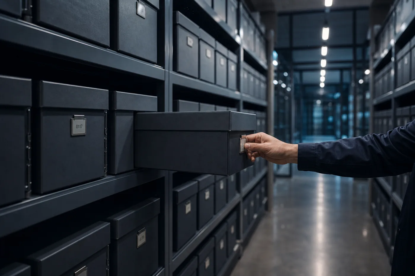 Архивни кутии с номерирани етикети вместо имена в стая за документи