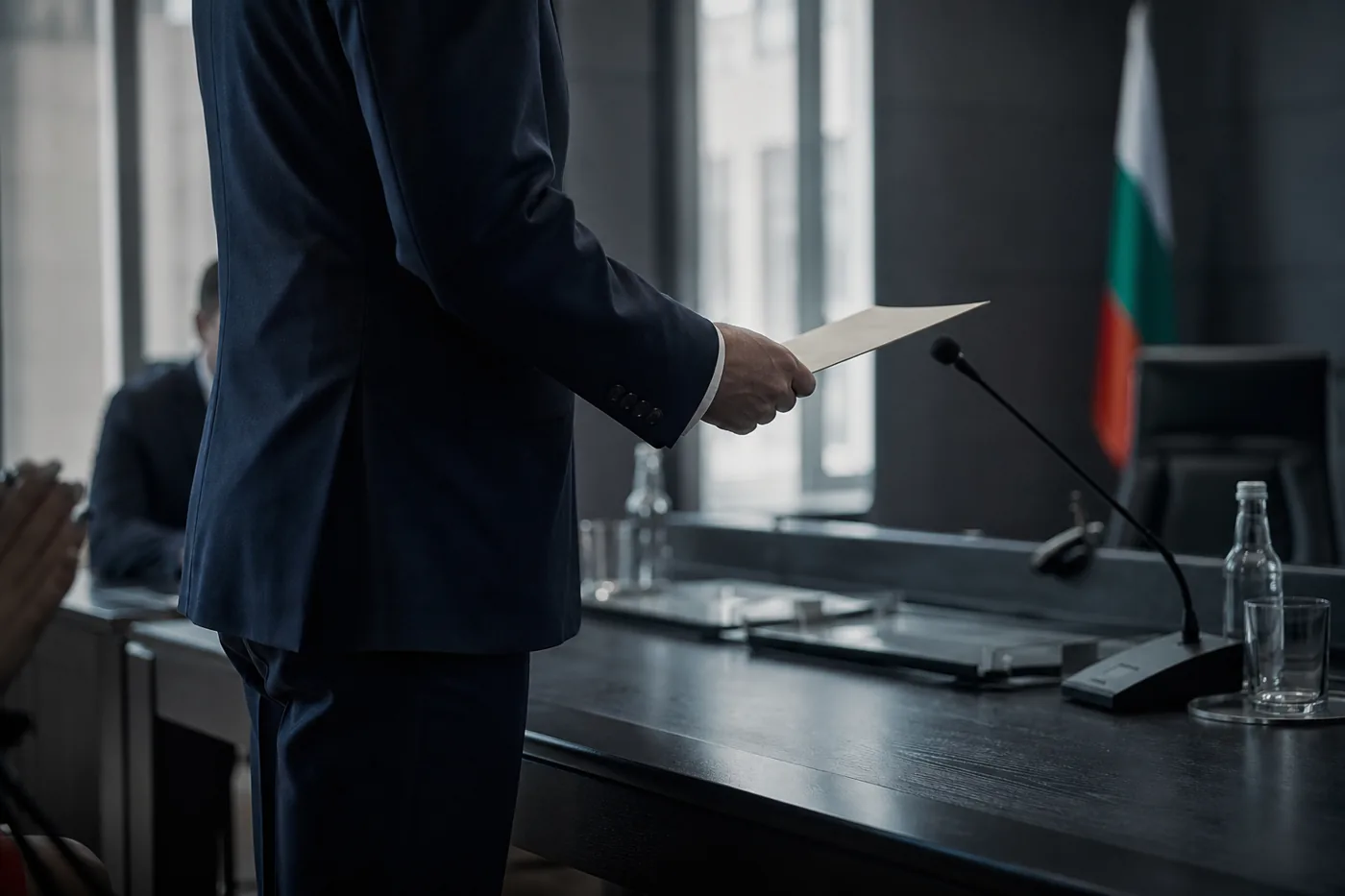 Управител държи официално известие за глоба в административна зала
