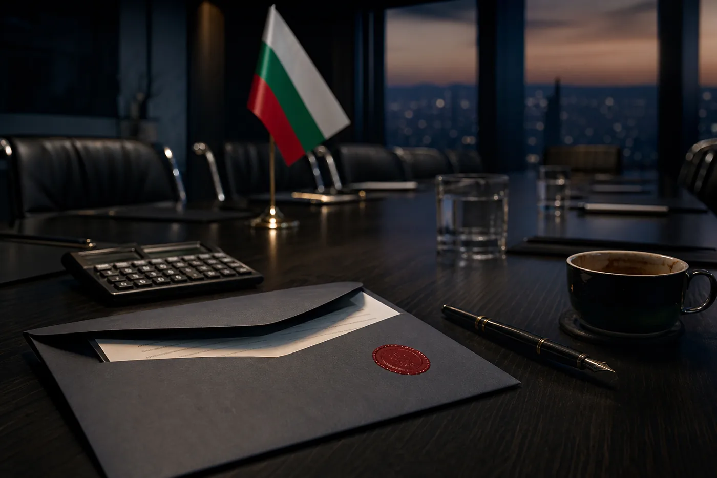 Официален плик с наказателно постановление и калкулатор на заседателна маса