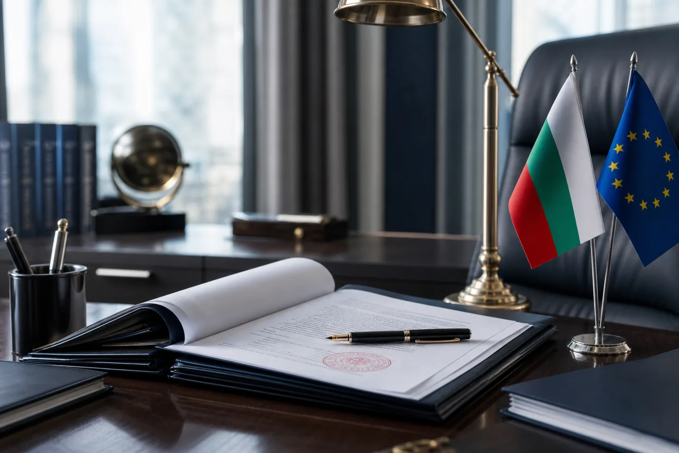 Папка с документи по проверка на бюро с български и европейски флаг