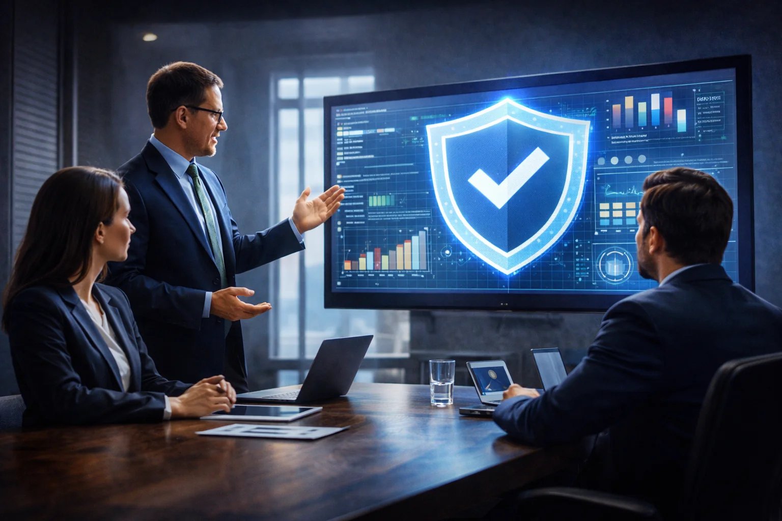 Снимка на цифрова заключалка за сигурност, представляваща услуги за одит на киберсигурността, защита и превенция на заплахи.