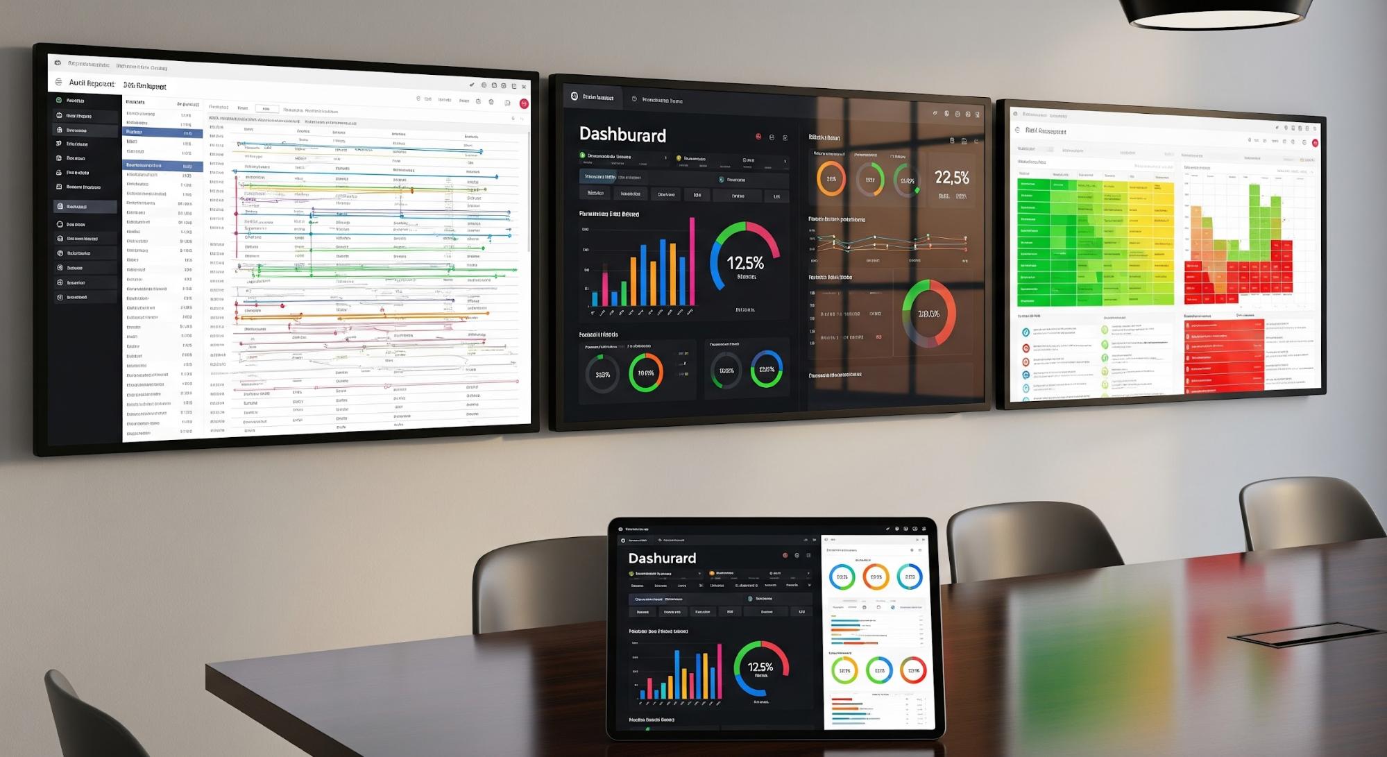 A photo of cybersecurity dashboards displaying risk management and security metrics in a conference room.