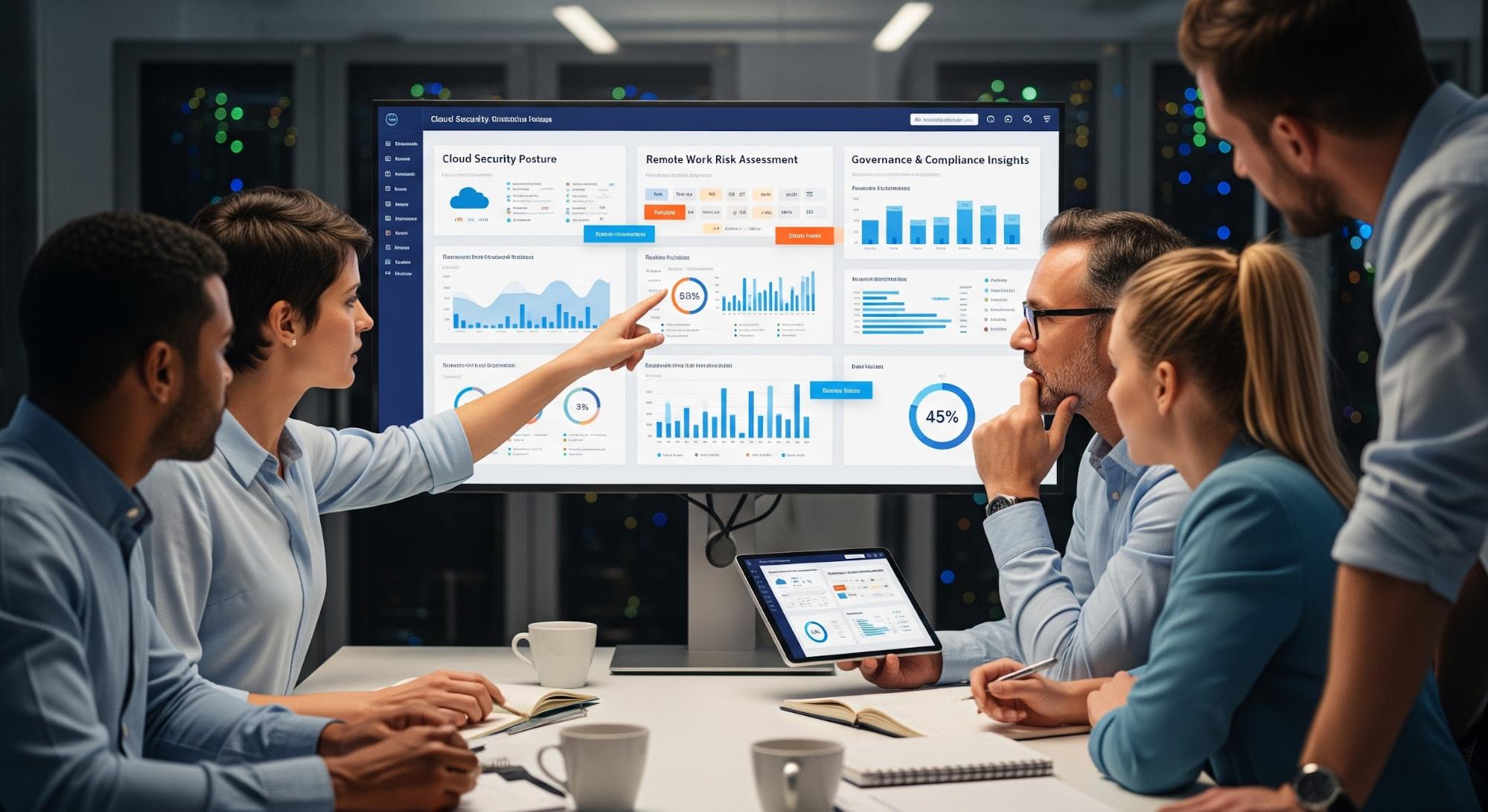 Снимка на ръководители, преглеждащи резултати от одит на киберсигурността и метрики на риска по време на брифинг за сигурност.
