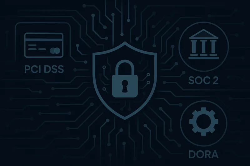 Преглед на рамките за съответствие на финтех виртуален CISO, обхващащ DORA, PSD2, PCI DSS и SOC 2