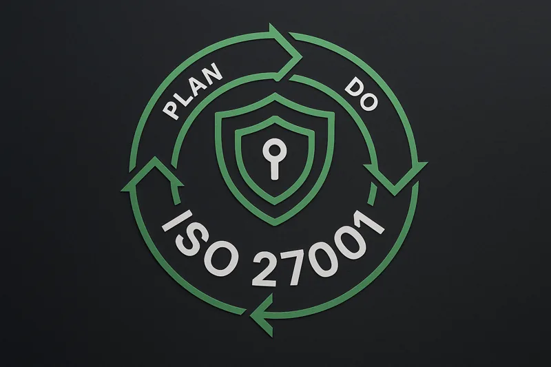 Значка за сертификация по ISO 27001 с цикъл за непрекъснато подобрение Plan-Do-Check-Act