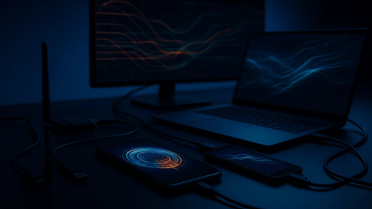 Лаборатория за тестване на мобилна сигурност със смартфони, лаптоп и специализиран хардуер за пентест